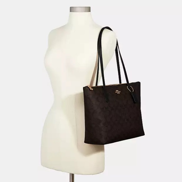 Coach Zip Top Tote In Signature Canvas Bag Gold/ Brown Black